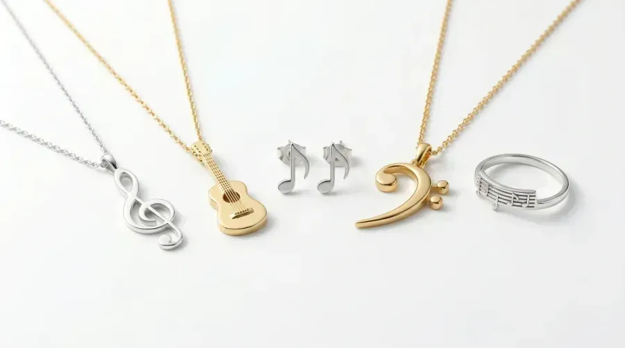 Simbolos musicales en joyeria: clave de sol, guitarra, notas