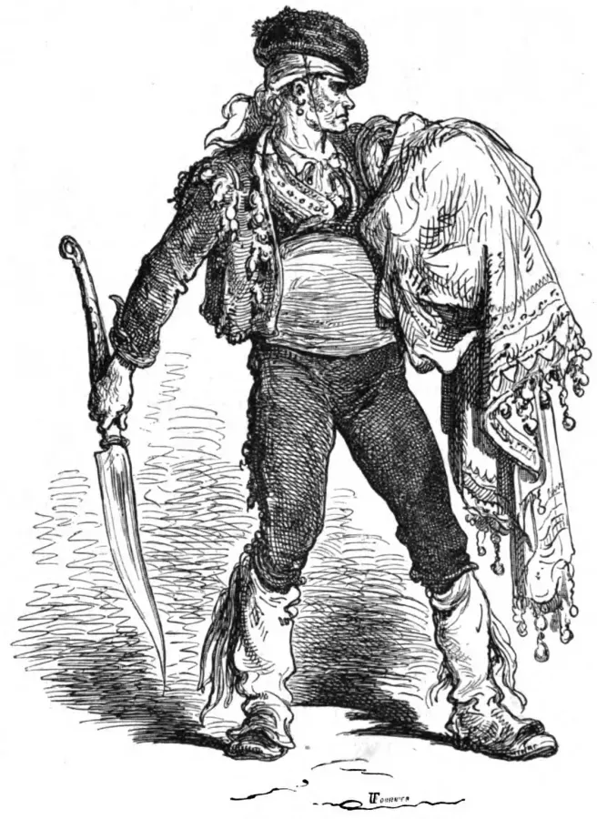 Grabado de Gustave Dore de 1864 con un espanol sosteniendo una navaja abierta