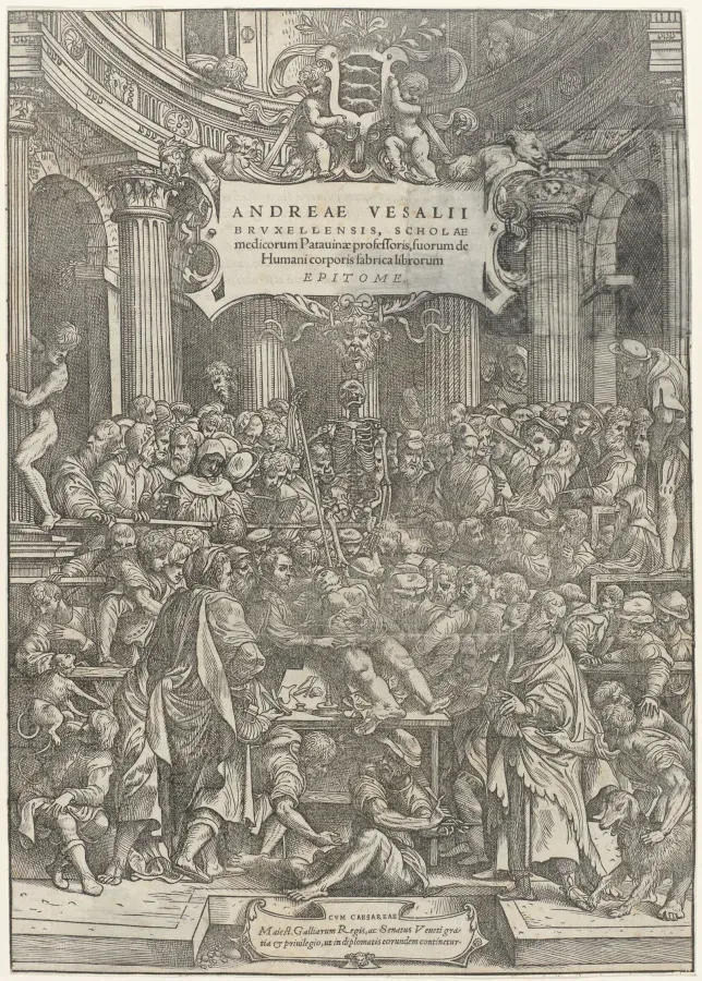Portada de De Humani Corporis Fabrica de Vesalio, 1543, teatro anatómico