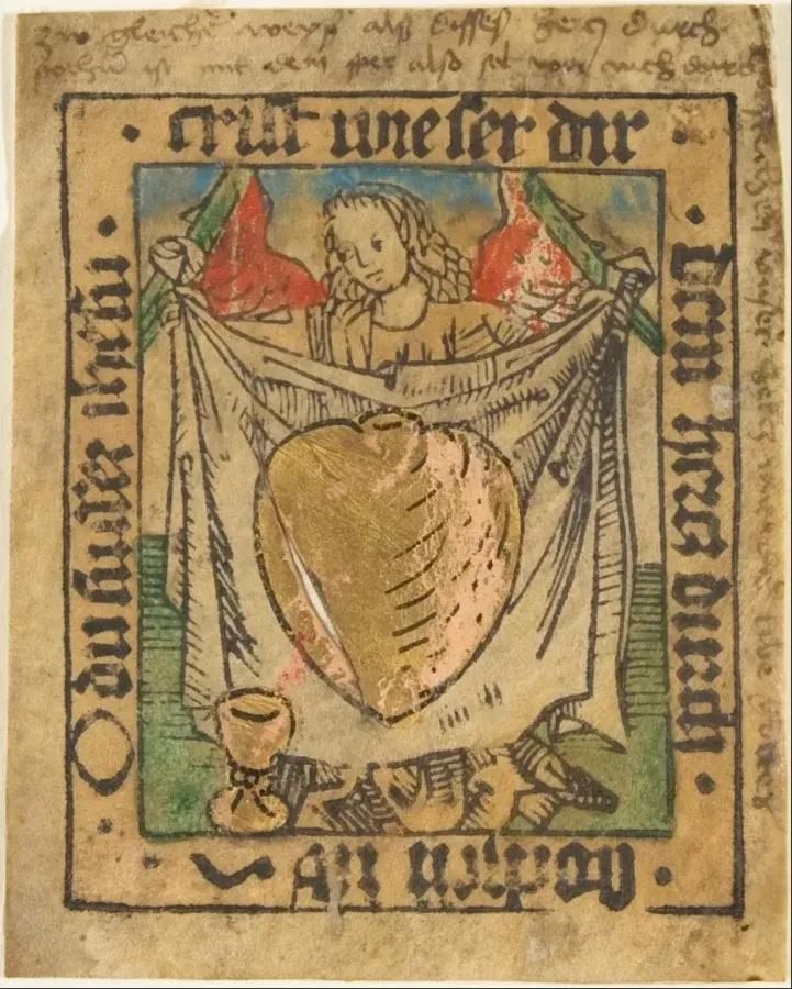 El Sagrado Corazón sobre un paño sostenido por un ángel, xilografía alemana ca. 1480-90