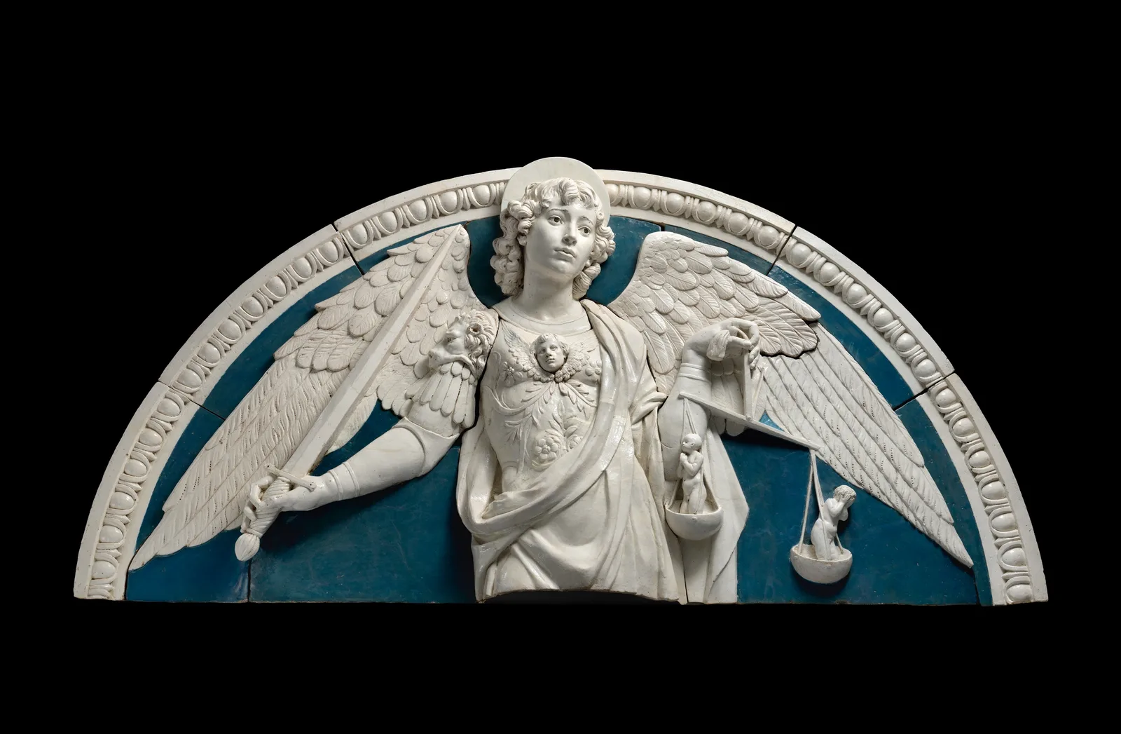 Estatuilla del arcángel Miguel en terracota vidriada, hacia 1475