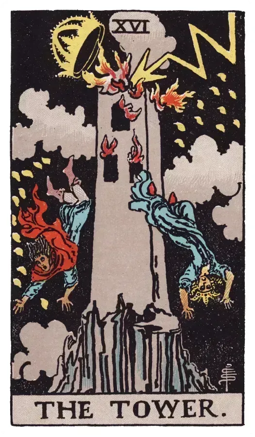 La carta de la Torre del mazo Rider-Waite-Smith. Una torre alta sobre la roca con el rayo, una figura cayendo y una corona dorada