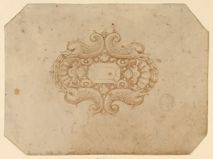 Dibujo de joyería del siglo XVI: broche con diamante central octogonal rodeado de piedras menores y flanqueado por delfines, Cooper Hewitt