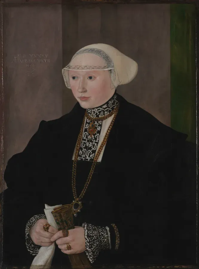 Retrato de Maria Kitscher por Hans Mielich, 1545: dama de vestido negro con broches de diamantes, cadenas de oro y un anillo con diamante y rubi, Cleveland Museum of Art