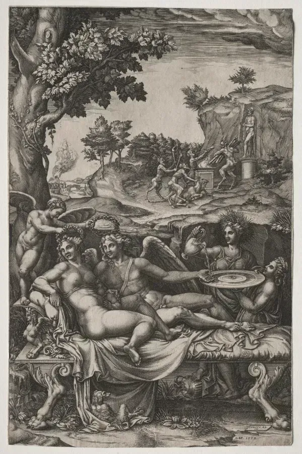 Grabado de Giorgio Ghisi de 1574: Cupido y Psique con Ceres derramando agua sobre las manos de los amantes
