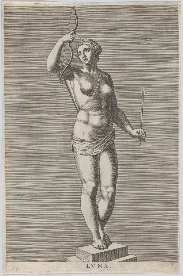 Diana con creciente lunar en el cabello, grabado de 1586 segun Jonghelinck