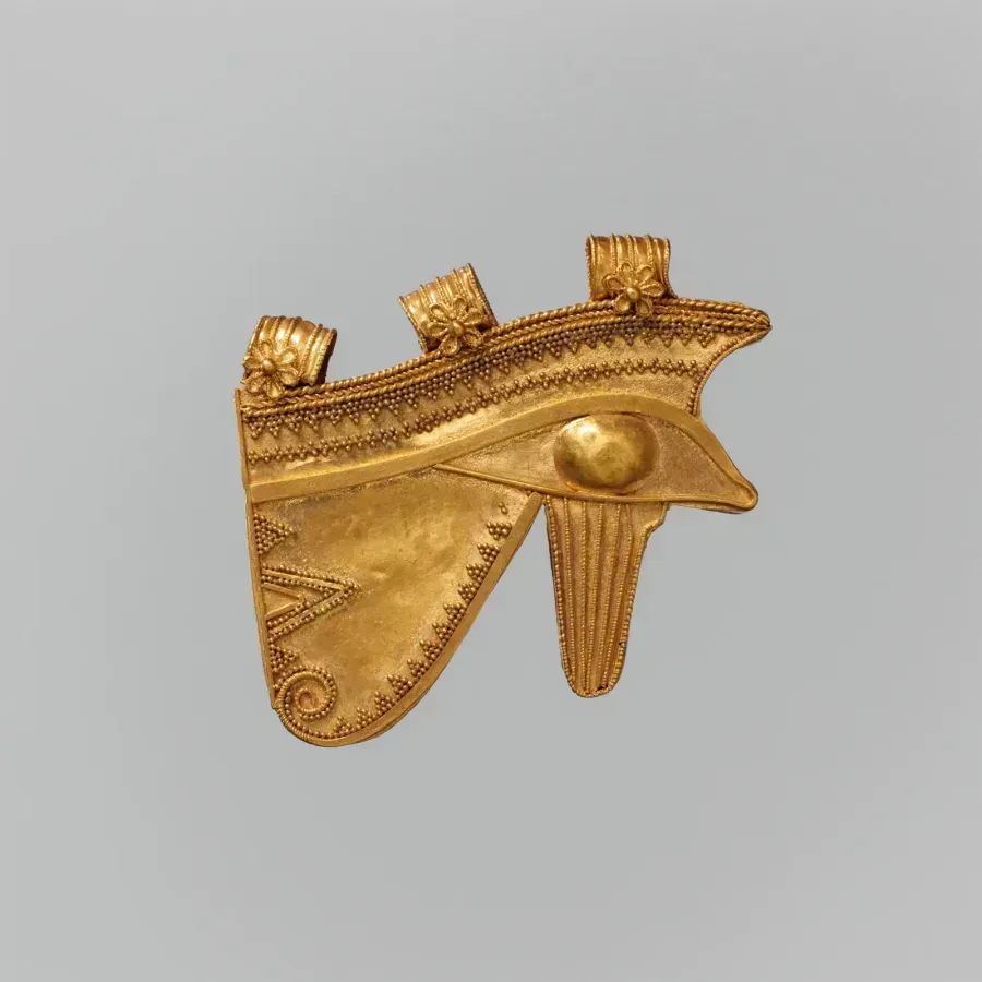 Amuleto del antiguo Egipto, ojo de Udyat u ojo de Horus, en fayenza