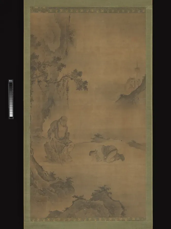 El inmortal taoista Li Tieguai recibe a un visitante, pintura china de la dinastia Ming