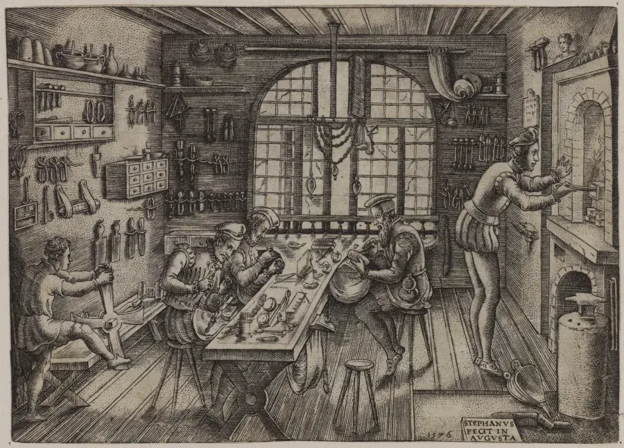 Grabado de Etienne Delaune, 1576: taller de orfebres con banco, fragua y banco de estirar