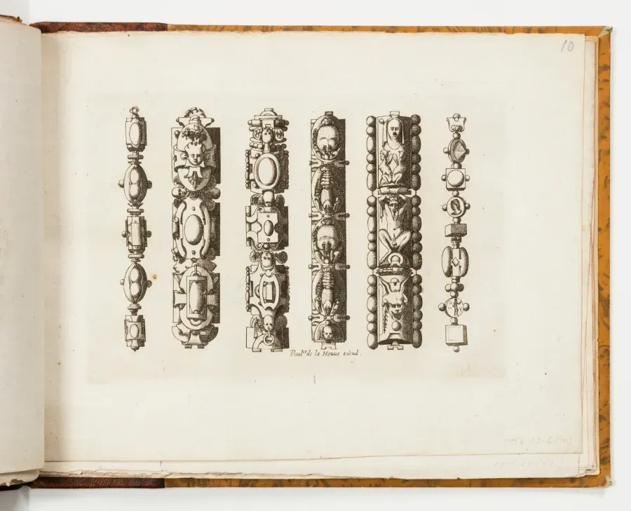 Grabado de Rene Boyvin, hacia 1570: seis disenos de cadenas con cintas y grutescos del Livre de bijouterie