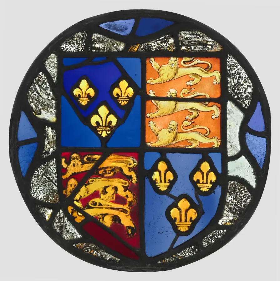 Medallon ingles del siglo XVI de vidriera heraldica con leones rampantes y armas de Inglaterra