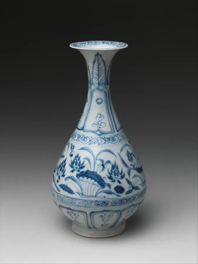 Botella china de porcelana con estanque de lotos en cobalto bajo vidriado, mediados del siglo XIV