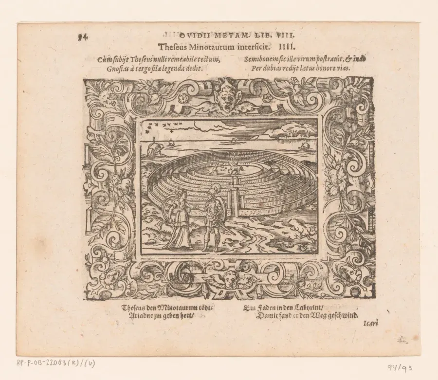 Grabado de Virgilius Solis con Teseo y Ariadna en la entrada del Laberinto con el Minotauro, ilustracion para las Metamorfosis de Ovidio, Frankfurt, 1569