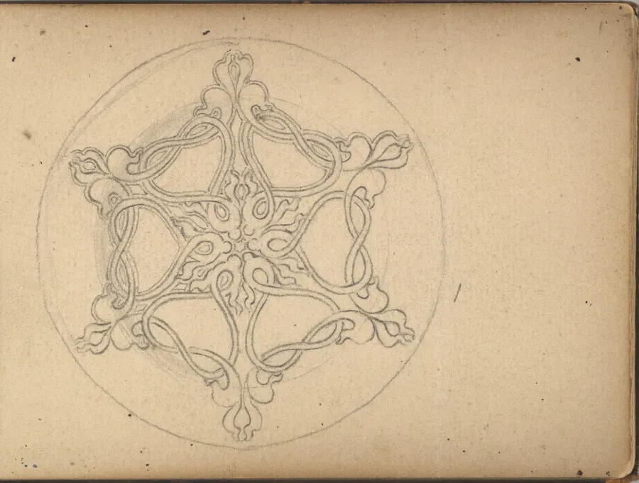 Diseno de un ornamento estrellado para broche o colgante de Edgar Gilstrap Simpson, 1899