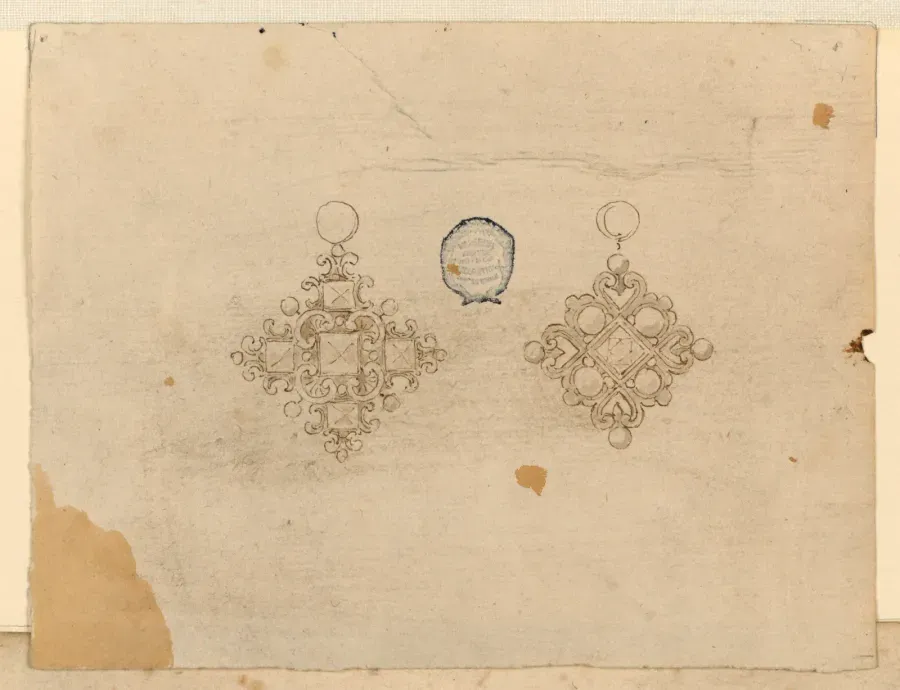 Dibujo de diseño del siglo XVI para dos colgantes con diamantes cuadrados de talla tabla y perlas