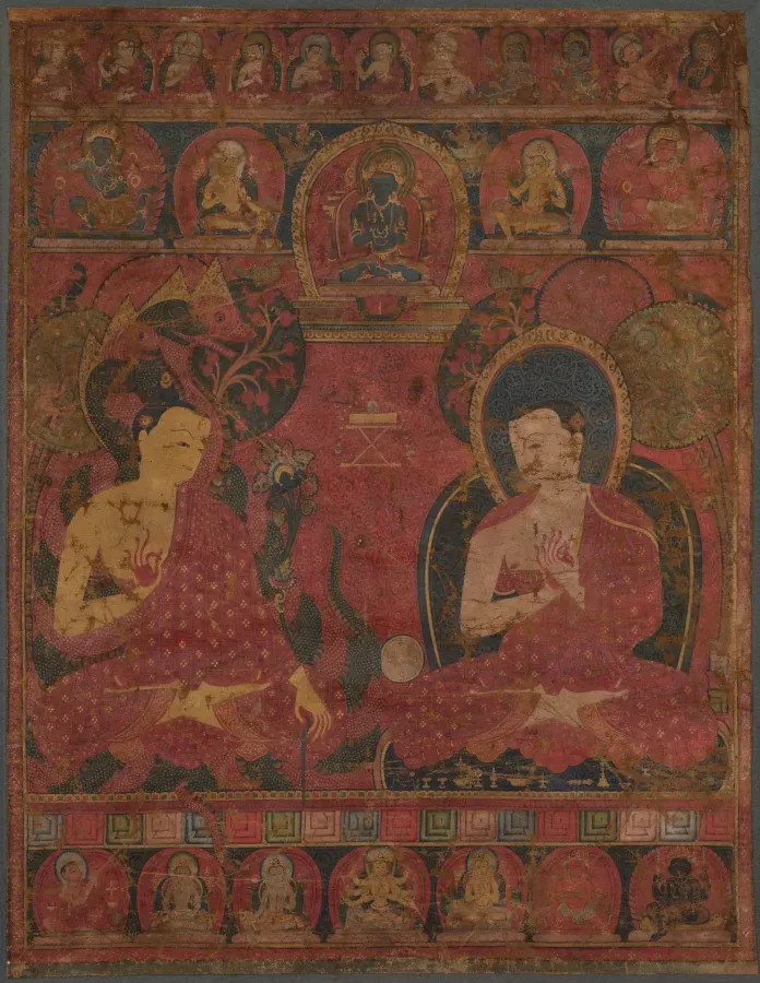 Thangka nepali con Buda Sakyamuni y un discipulo, siglo XIV
