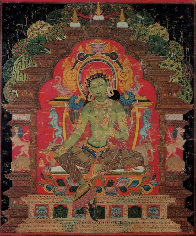 Thangka tibetano de la Tara Verde, finales del siglo XII a principios del XIII, iconografia de la practica meditativa