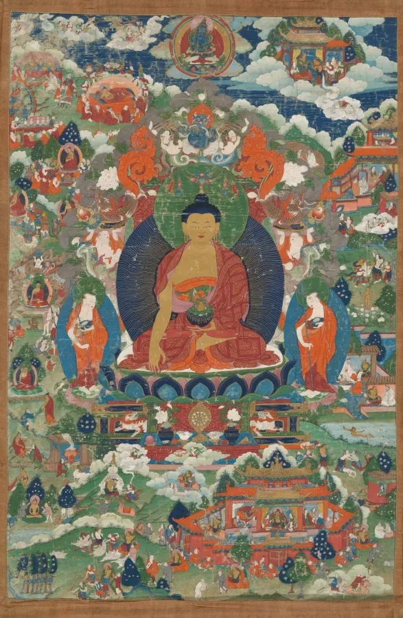 Thangka tibetano Mandara, panteon de deidades dispuestas alrededor de un Buda central, dinastia Qing 1695