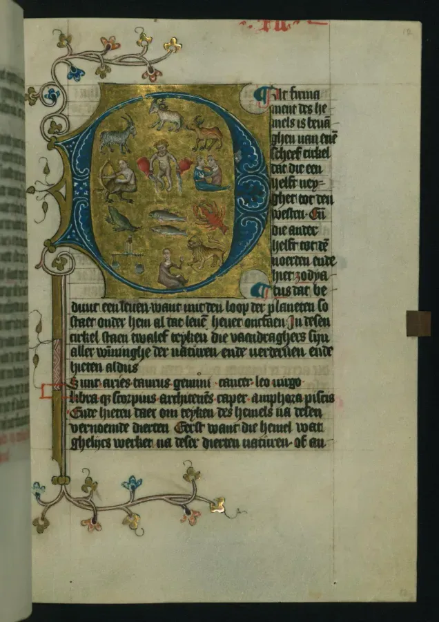 Pagina iluminada medieval con los doce signos del zodiaco de Dirc van Delft, hacia 1400