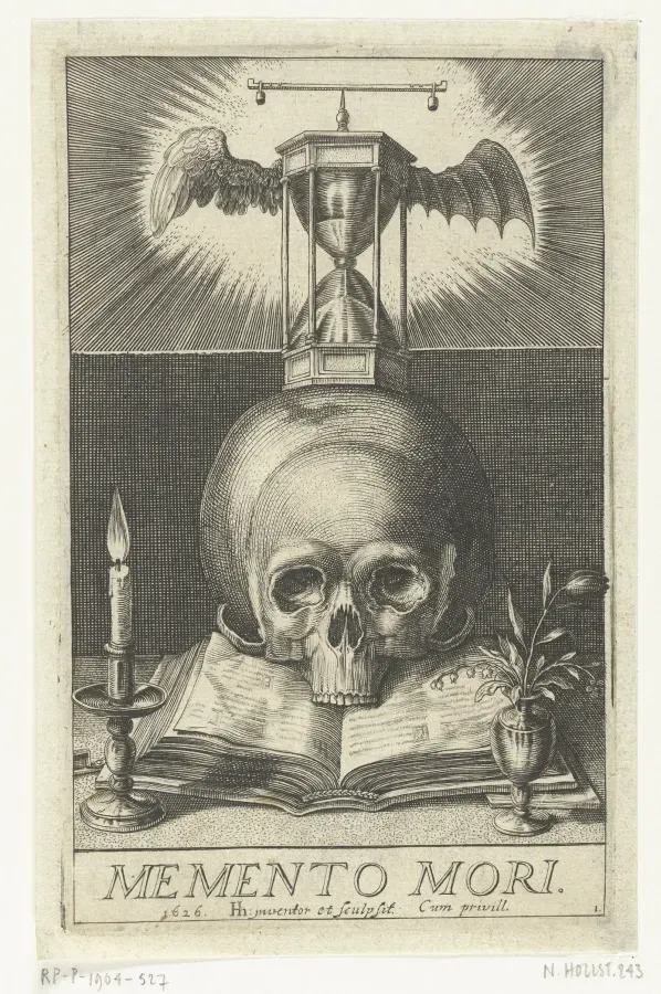 El grabador holandes Hendrick Hondius: craneo sobre un libro abierto, coronado por un reloj de arena alado con balanza