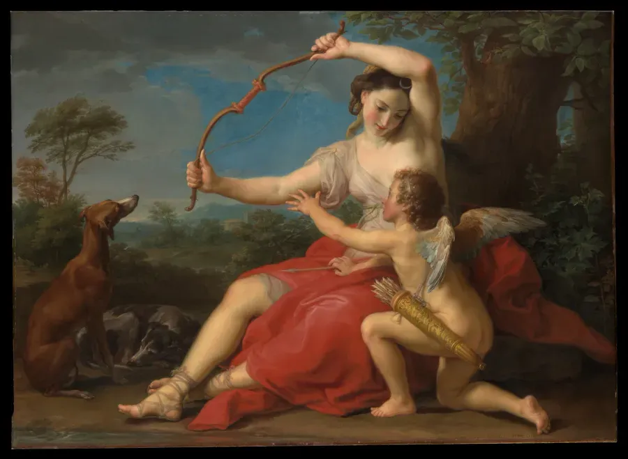 Diana cazadora y Cupido con arco y flechas en una pintura del siglo XVIII