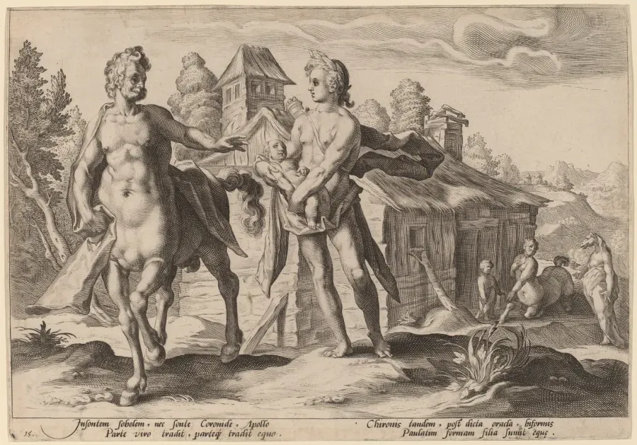 Grabado de 1590: Apolo confia a Quiron la educacion de Asclepio