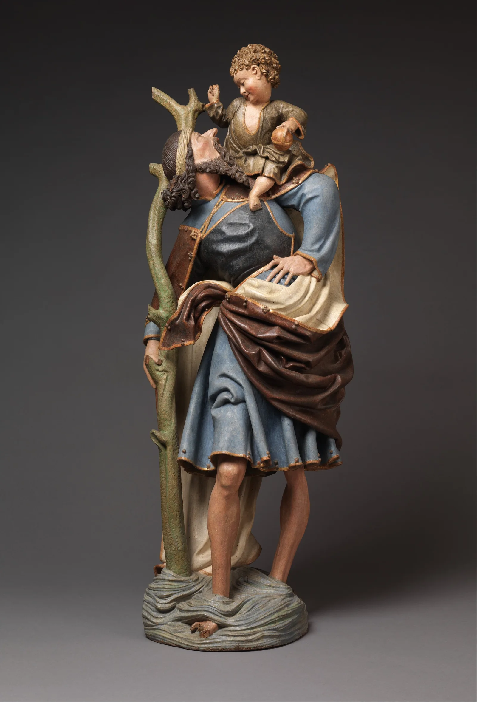 Escultura en madera de San Cristóbal cruzando a Cristo por el río, Alemania, 1510 a 1520