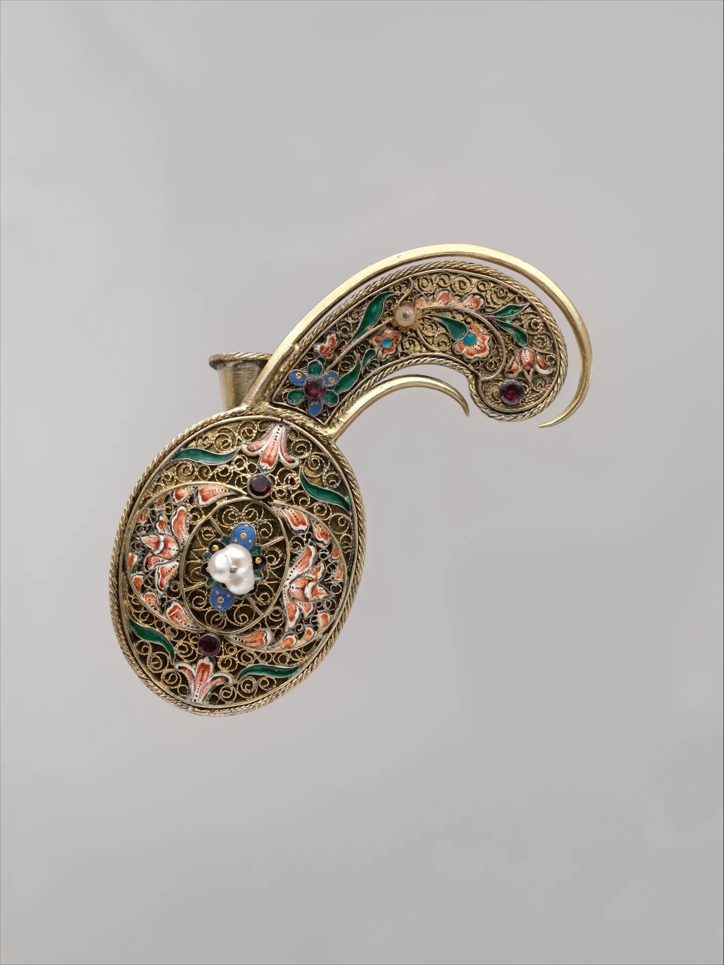 Ornamento otomano de turbante en plata dorada con esmalte, vidrio de color y perlas, siglo XIX