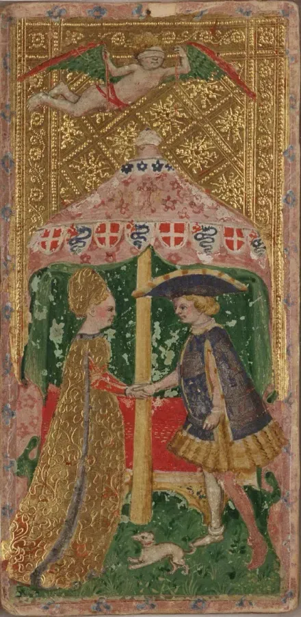 La carta de los Enamorados de la baraja Cary-Yale Visconti, obra milanesa de Bonifacio Bembo, siglo XV