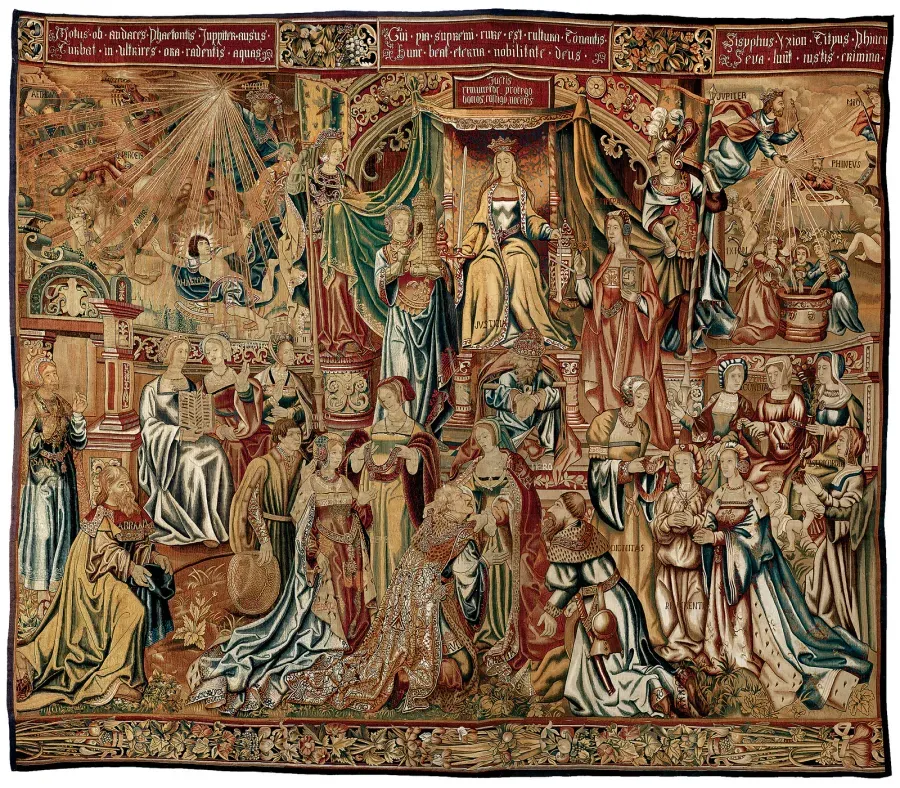 Tapiz bruseles del siglo XVI con la figura de Justitia y sus balanzas