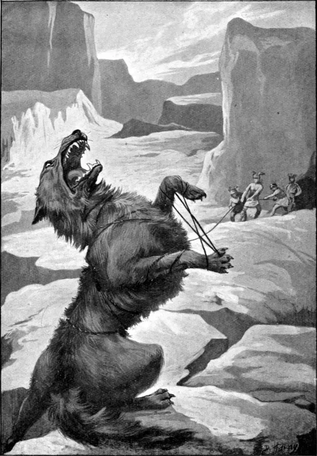 Atadura del lobo Fenrir por los dioses de Asgard, ilustracion de Mabel Dorothy Hardy, 1909