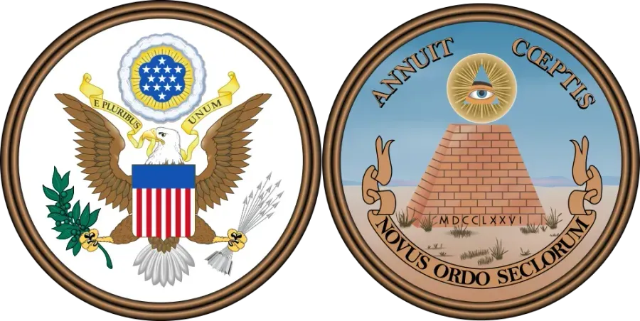 Gran Sello de los Estados Unidos con el águila en el anverso y la pirámide con el Ojo que Todo lo Ve en el reverso