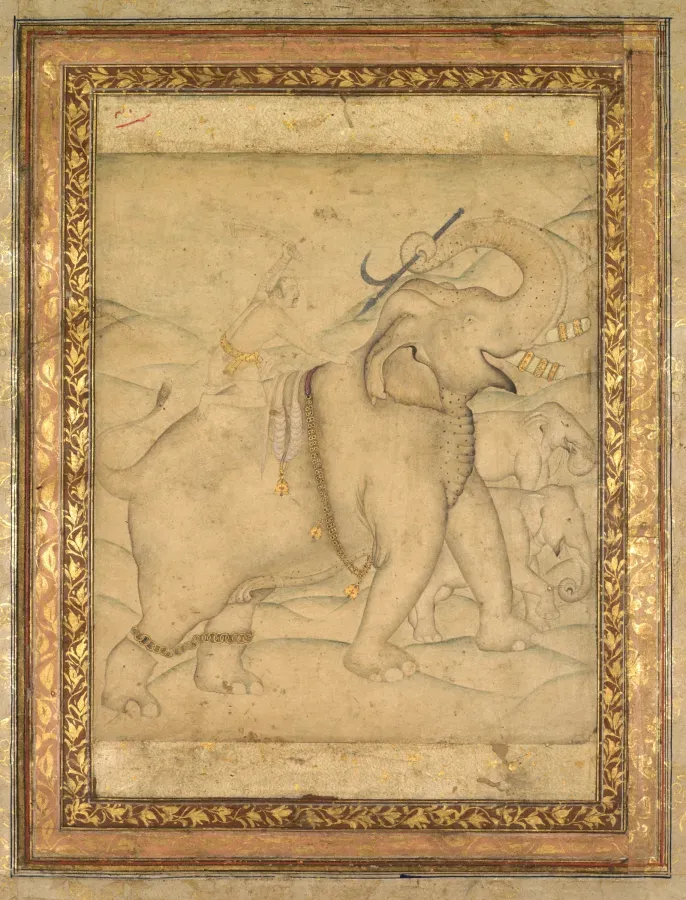 Emperador mogol Jahangir sobre un elefante con hilos de perlas, miniatura india del siglo XVII