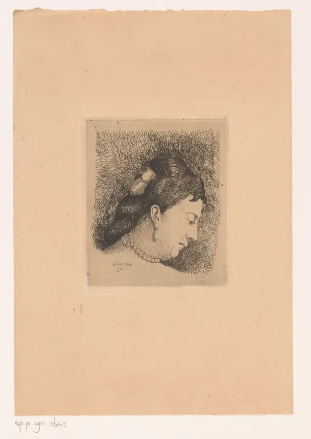 Grabado de 1877: retrato de una mujer desconocida con collar de perlas