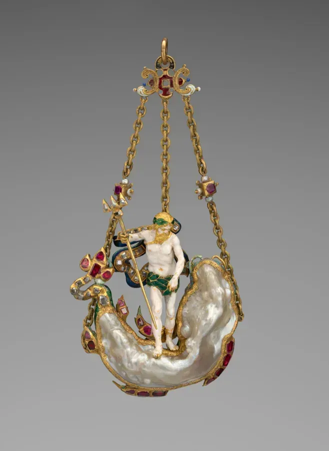 Colgante con forma de Neptuno y un monstruo marino: el cuerpo de la figura está hecho con una perla barroca grande e irregular, el engaste es de oro esmaltado con rubíes y diamantes, principios del siglo XVII