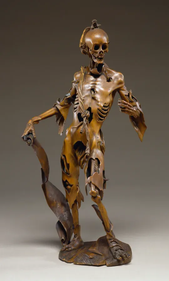 Estatuilla alemana de la Muerte en boj, memento mori del Renacimiento