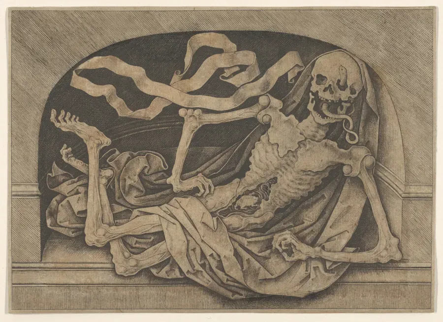 Grabado memento mori del siglo XV tardio del Maestro I.A.M. de Zwolle