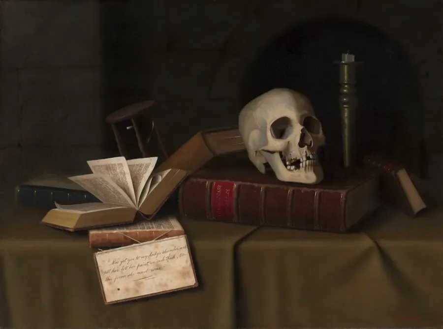 Calavera de William Harnett sobre un libro antiguo, memento mori de 1879