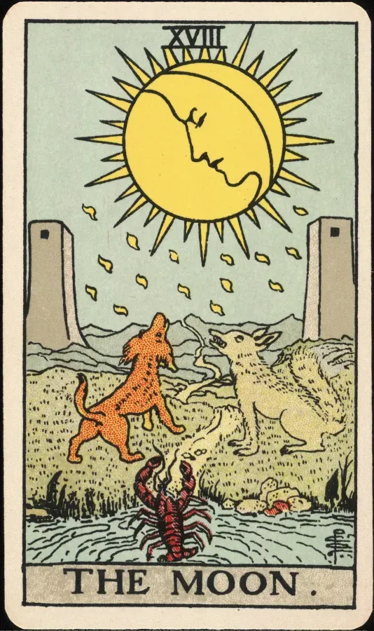 Carta de la Luna del mazo Waite-Smith, 1909, por Pamela Colman Smith